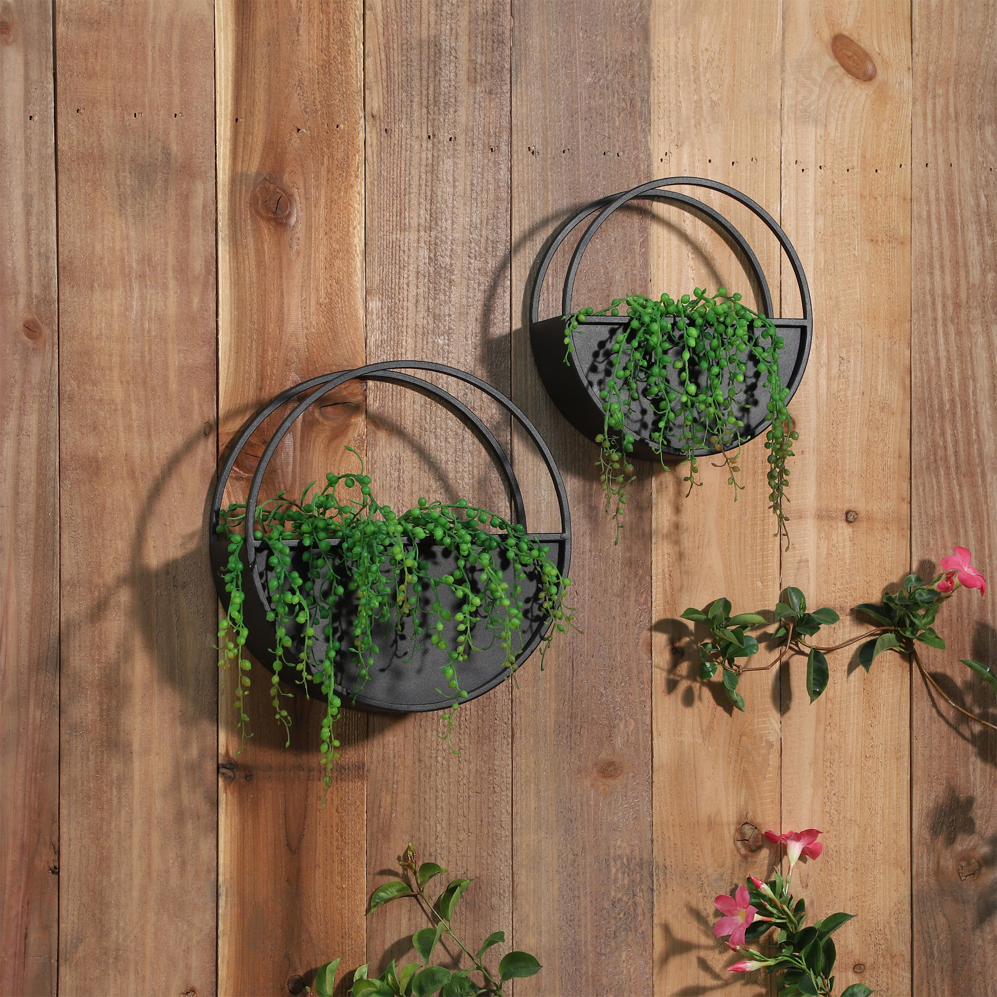 Steelside™ Modern Set of 2 Metal Round Wall Planters Black Iron Plant ...